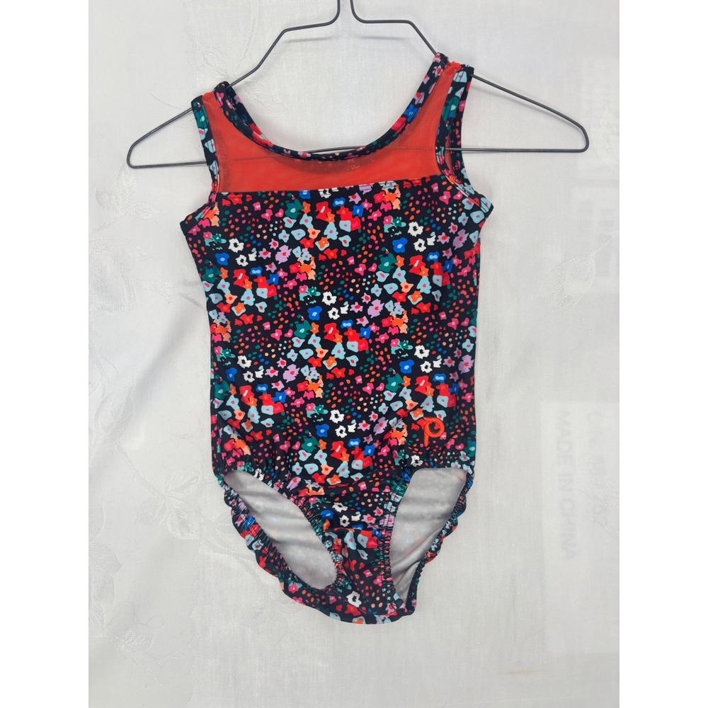 Plum Practicewear Girls Gymnastics Leotard Child M Floral Black Orange Mesh Tank